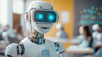 Poster - Futuristic Robot with Blue Eyes and Advanced Technology Displaying AI Features in a Modern Office Setting Full of People Engaged in Collaboration and Discussion