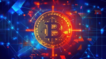 Poster - Stunning digital abstract representation of Bitcoin cryptocurrency featuring vibrant colors, light rays, and a central coin symbolizing the future of finance and technology in the digital age