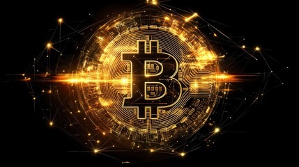 Poster - Shimmering Bitcoin Symbol in Digital Space Surrounded by Golden Particles and Futuristic Light Effects for Cryptocurrency and Financial Technology Themes