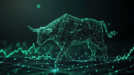Poster - Futuristic Bull in a Digital World Representing Financial Growth, Market Trends, and Investment Opportunities with Data Visualization Elements and Neon Aesthetics