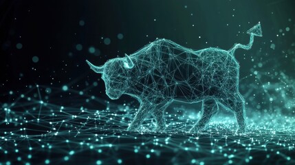 Poster - Abstract Digital Bull in a Networked Environment Representing Strength, Growth, and Financial Trends, Ideal for Business and Investment Themes