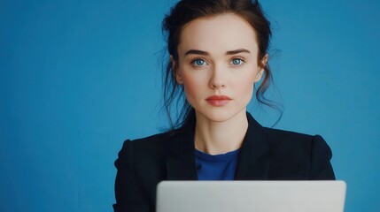 Poster - Focused professional working on laptop blue background portrait modern office business concept