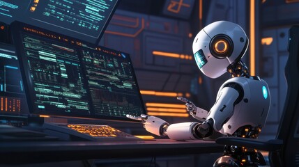 Poster - Futuristic Robot Programming and Analyzing Data with High-Tech Interface in a Sci-Fi Environment Featuring Bright Colors and Complex Code Lines