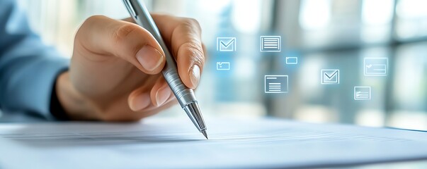 Poster - Pen in hand, marking a check mark in a holographic document management system, floating digital files and icons representing efficient file organization
