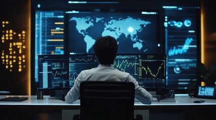 Poster - Professional Person Analyzing Global Financial Data in Modern Office with Multiple Screens Displaying Stock Market Trends and Economic Indicators
