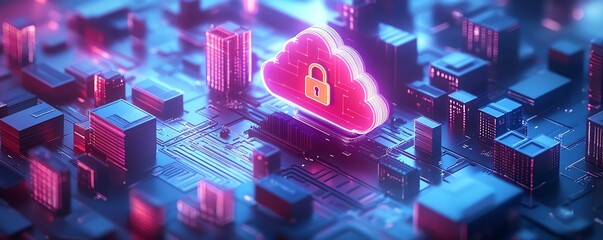 Poster - 3D cloud storage concept with interactive digital icons, including cloud, lock, and file symbols, glowing and floating in a digital space