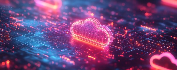 Poster - 3D cloud storage concept with interactive digital icons, including cloud, lock, and file symbols, glowing and floating in a digital space