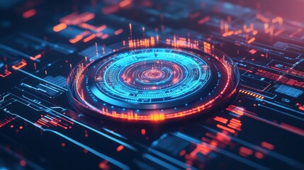 Poster - Futuristic Circular Interface with Glowing Blue and Red Data Elements Over a Dark Abstract Technology Background