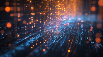 Poster - Abstract futuristic digital data environment with glowing orange and blue particles streaming through a dark space, representing technology, networks, and information flow.