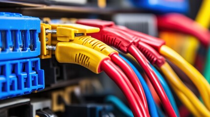Poster - Close-Up View of Colorful Ethernet Cables Connected to a Network Switch, Representing Modern Connectivity and Data Transmission Technology
