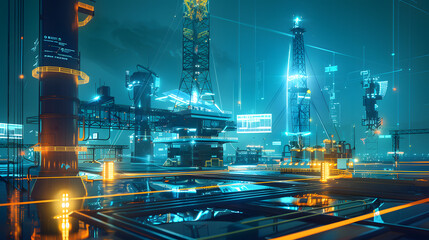 Fototapete - A futuristic cityscape with neon lights and a large building in the center.