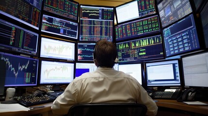 Poster - Trader Analyzing Stock Market Trends and Data on Multiple Screens in a Financial Office, Surrounded by Charts, Graphs and Investment Updates