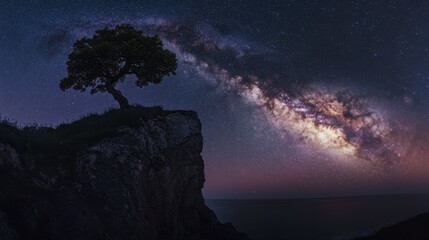 Wall Mural - Night sky full of stars and the Milky Way galaxy above a steep cliff, with a lone tree on the edge.