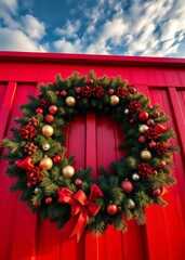 A festive red display featuring a circular garland adorned with ornaments set against a vibrant red backdrop for holiday celebrations christmas wreath decoration holiday frame