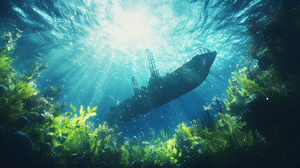 Poster - A serene underwater scene featuring a silhouette of a boat surrounded by lush green seaweed and illuminated by sunlight filtering through the water.