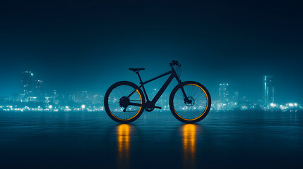 Aufkleber - A sleek bike silhouette illuminated by glowing wheels against a city skyline at night, creating a modern and captivating atmosphere.