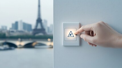 closeup of a hand reaching to turn off a light switch with a small energy saving icon nearby promoti