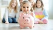 © NKCoolper - Happy young girl placing a coin into her piggy bank surrounded by smiling family members who are providing encouragement and support for her financial responsibility and savings goals