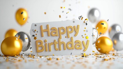Poster - Stunning 3D of a festive birthday with shimmering metallic gold and silver balloons sparkling glitter and colorful confetti on a bright white backdrop for a modern elegant and celebratory look