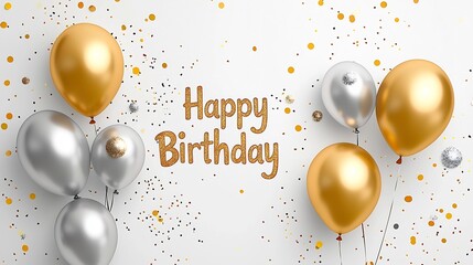 Leinwandbilder - Festive featuring metallic gold and silver balloons set against a white background with glitter and confetti scattered perfect for birthday parties anniversaries or other celebratory events