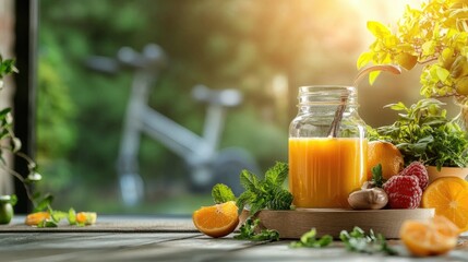 A refreshing glass of orange juice surrounded by fresh fruits and greenery, set in a sunlit environment with a bicycle in the background.