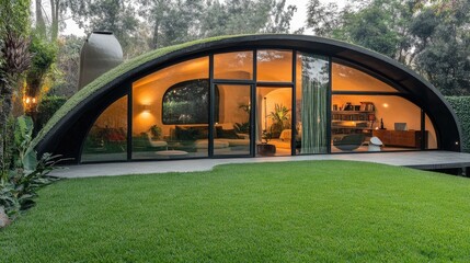 Wall Mural - Modern Architecture with Organic Design and Unique Curves Surrounded by Lush Greenery in a Tranquil Outdoor Setting at Dusk