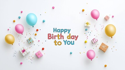 Poster - Stylish Minimalist Birthday Greeting Card Design with Scattered Balloons Gifts and  Happy Birthday to You  Text on a Clean White Background   Perfect for an Elegant Birthday or Party Invitation
