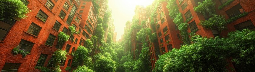 Poster - Urban exploration a lively street-level view of a metropolis with flourishing greenery and architectural marvels