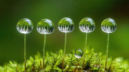 Wall Mural -   Water droplets resting on moss-covered ground, surrounded by small green plants