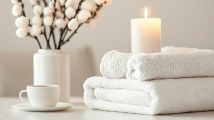 Wall Mural -   A stack of white towels sits on a table next to a steaming cup of coffee and a lit white candle