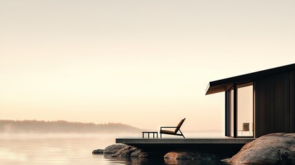 Wall Mural -   A chair rests atop a wooden dock beside a body of water, with another chair positioned above it