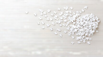 Wall Mural -   A white puzzle piece rests atop a wooden table beside a stack of smaller puzzle pieces