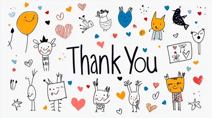 Poster - Colorful hand drawn  Thank You  text with a whimsical and happy style decorated with tiny hearts and confetti ideal for a kids  card or any other greeting card on a clean white background
