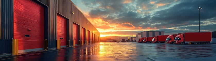 Poster - Loading trucks at a warehouse dock industrial setting photography sunset view logistics concept