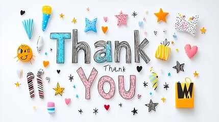 Poster - Vibrant and whimsical hand drawn Thank You lettering in a variety of colorful stylized fonts surrounded by cheerful decorative elements like tiny stars hearts and confetti on a clean white background