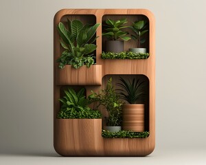 Poster - Handcrafted wooden planter displaying a harmonious arrangement of lush vibrant houseplants with delicate botanical details and natural lighting