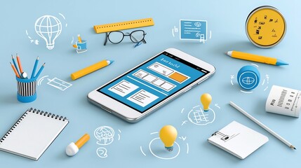 Poster - of a smartphone screen showcasing an online classroom environment with various educational technology icons representing different learning resources and academic subjects
