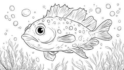 Wall Mural - Beautiful Fish on Seaweed Background Coloring Page for Kids Adorable Illustration Underwater Scene Lush Seaweed Fun Drawing for Children Colorful Marine Life Art Page
