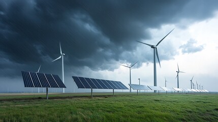 Leinwandbilder - Dramatic landscape with a solar panel array and wind turbines set against a stormy cloudy sky representing the impact of climate change and the need for renewable energy solutions