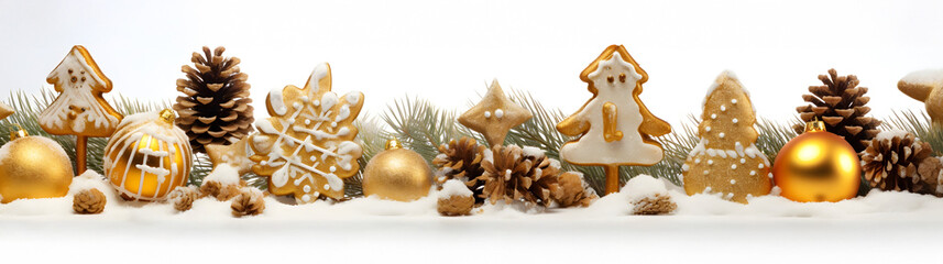 Wall Mural - burning christmas candles, gingerbread pieces and cones on snow covered ground and white background 