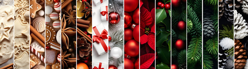 Wall Mural - Abstract background with seasonal and winter stripes with plant, leaf, ball, cone, spice, sweets and gifts texture. Horizontal composition. Concept of Christmas, holiday and New Year.