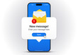 © Carkhe - New message notification concept on realistic smartphone mockup. New email pop up. Incoming, open messaging. Chatting, mail, post, letter symbol, sign, emblem with new notification for UI UX website