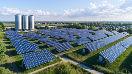 Leinwandbilder - Gleaming metallic energy storage units surrounded by a neatly arranged solar panel field providing clean sustainable power for a residential neighborhood