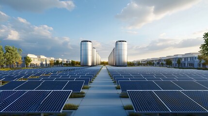 Fototapete - Towering energy storage units with gleaming metallic surfaces surrounded by a neatly arranged solar panel field providing clean sustainable power for a residential neighborhood