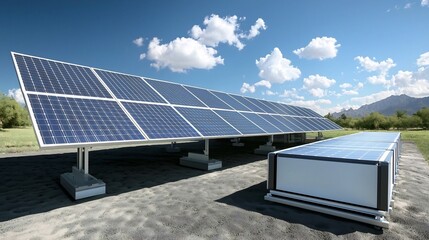 Poster - Expansive solar panel array powering a sleek contemporary home with a massive battery bank system in the foreground showcasing the of solar and energy storage technology for sustainable living