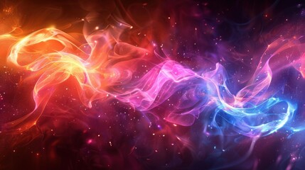 Poster - Colorful abstract swirl of light and smoke patterns in vibrant hues showcasing motion and energy in a cosmic background