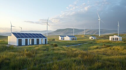 Poster - Sustainable Futurescape A Visionary Eco Friendly Community Powered by an Intricate Network of Solar Panels Wind Turbines and Advanced Energy Storage Solutions