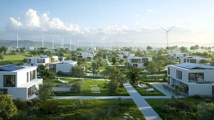 Poster - Eco Friendly Renewable Energy Futurescape with Solar Panels and Wind Turbines A Sprawling Community Powered by Innovative Clean Energy Solutions