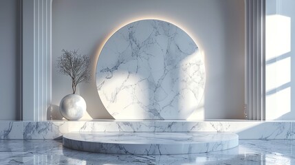 Wall Mural - Elegant White Marble Podium Display Platform: Showcase Your Luxury Products in Stunning 3D