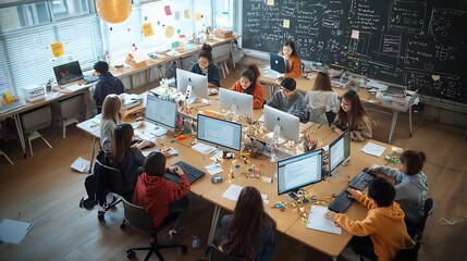 Fototapete - Diverse group of students working together on a computer based academic assignment in a warm vintage inspired classroom environment showcasing an inclusive academic atmosphere